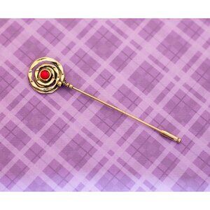 Vintage Spiral Circular Red Rhinestone Gold Tone Stick Pin - V17